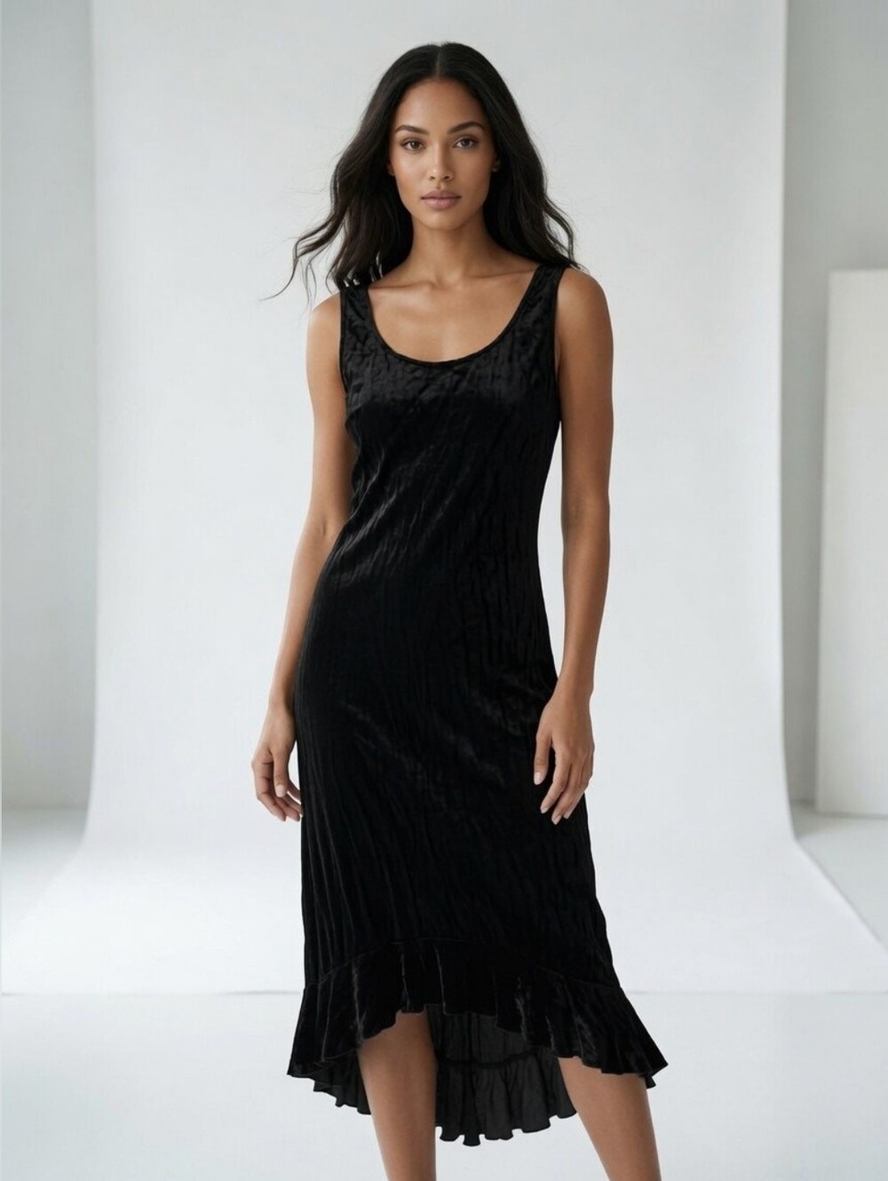 NWT Vintage Filenes Crushed Velvet Sleeveless Midi Tank Dress Black 4 Goth